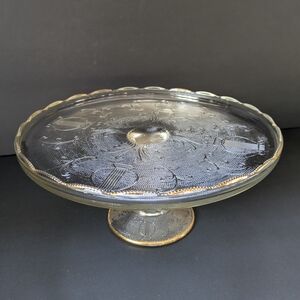 1950's Jeannette Glass Harp Pedestal Cake Stand Dessert Server Tray Vintage
